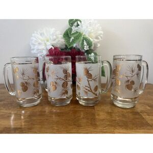 Vintage Libbey Pine Cone Frosted‎ Gold Leaf Beer Mugs MCM Holiday Barware Retro